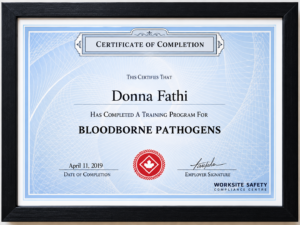 Donna fathi certified in blood borne pathogens annually since 2019